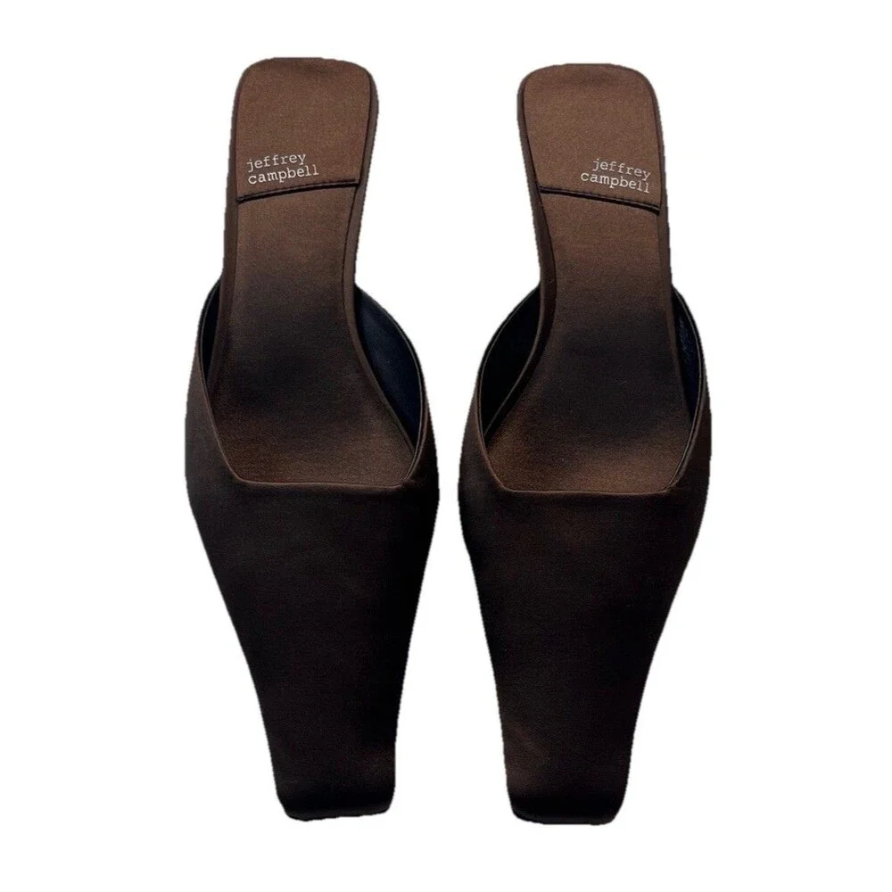 Jeffrey Campbell Heels Womens 8 Brown Satin Esmerelda Square Mules Kitten Heel
